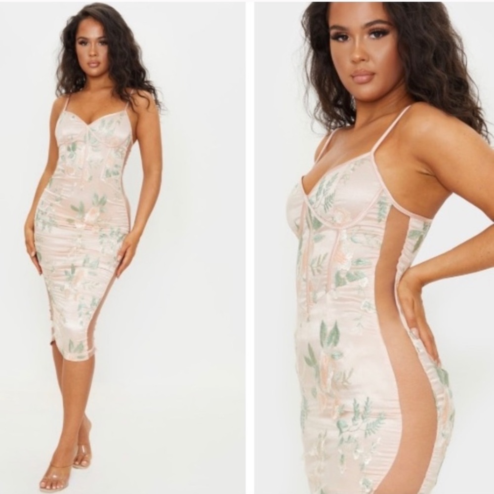 Embroidered mesh insert nude dress